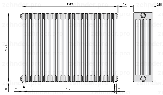 Схема (чертеж) Радиатор Zehnder Charleston 6150/22 №3570 Белый глянцевый RAL 9016